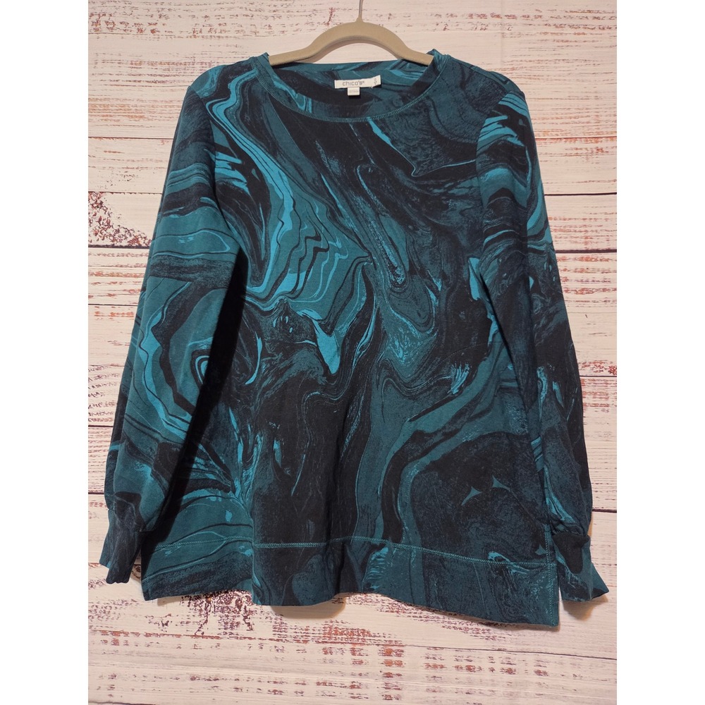 Chicos 0 Teal Black Marble Swirl Print Sweatshirt Pockets Size S Cotton Modal